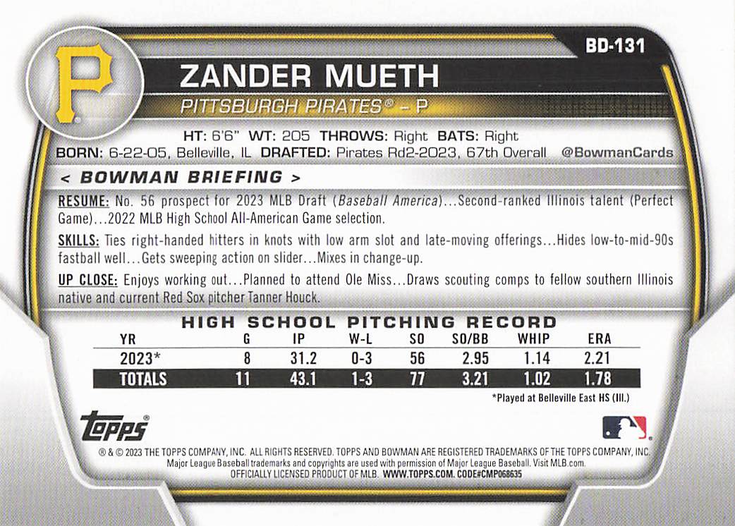 2023 Bowman Draft Baseball Zander Mueth #BD-131