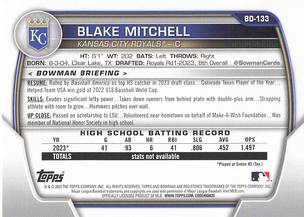 2023 Bowman Draft Baseball Blake Mitchell #BD-133