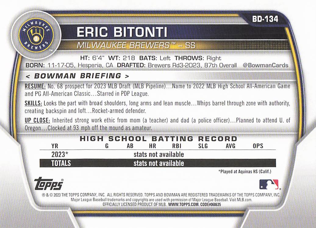 2023 Bowman Draft Baseball Eric Bitonti #BD-134