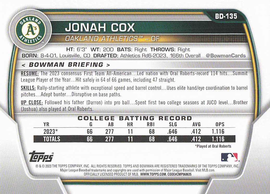 2023 Bowman Draft Baseball Jonah Cox #BD-135