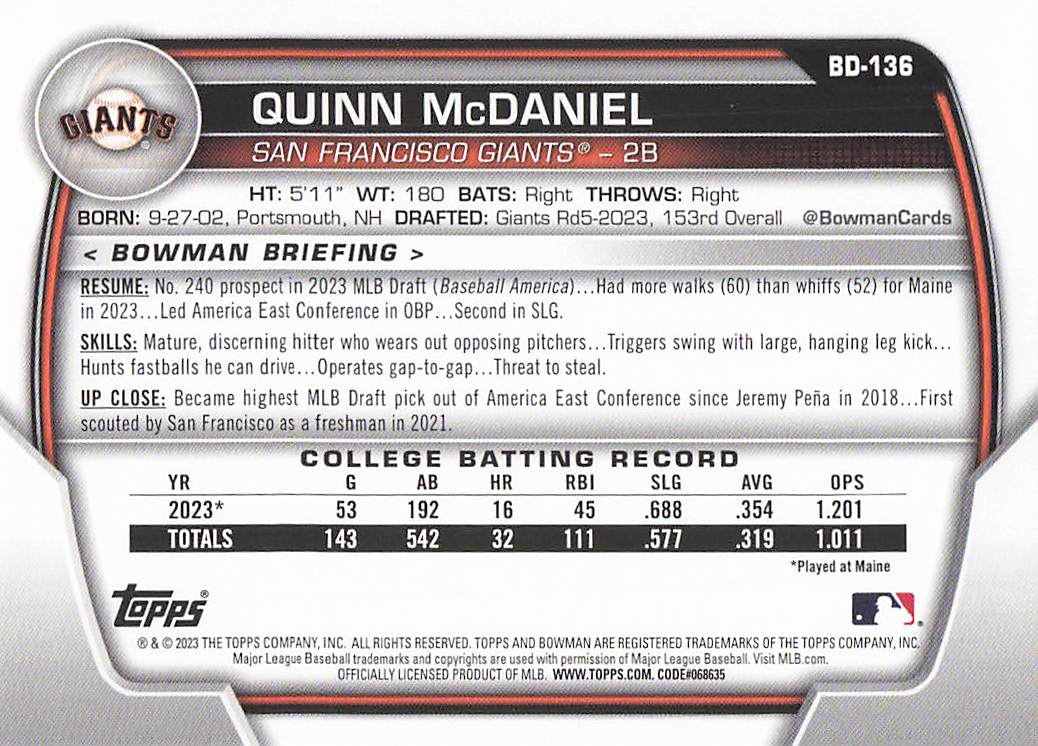 2023 Bowman Draft Baseball Quinn McDaniel #BD-136