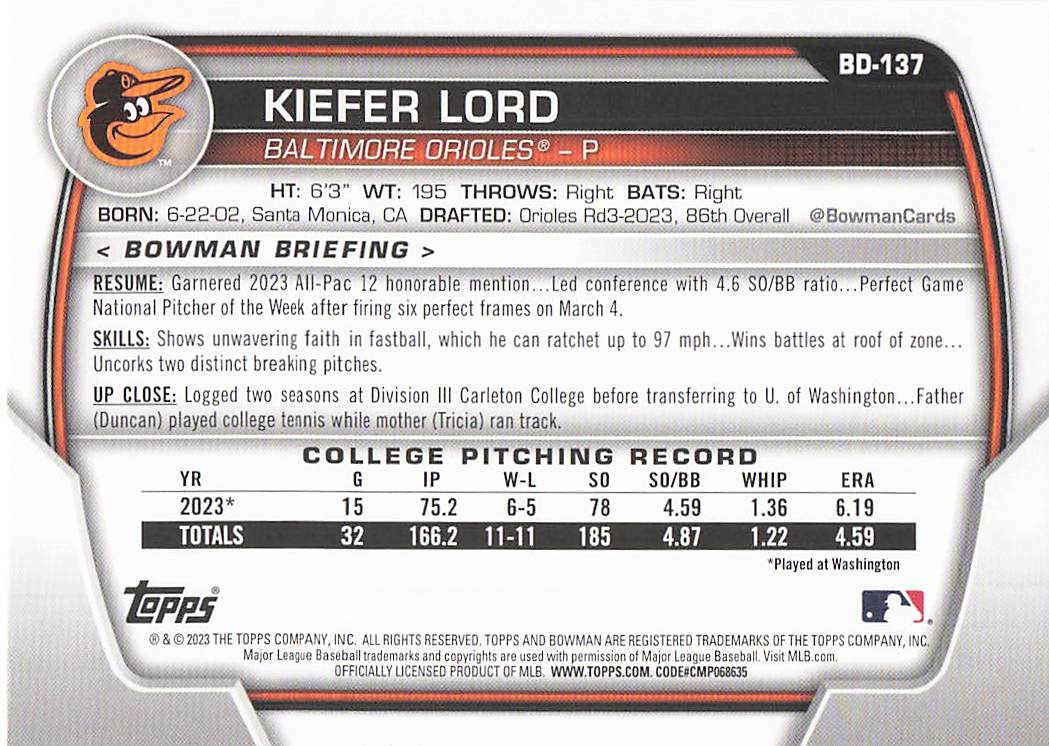 2023 Bowman Draft Baseball Kiefer Lord #BDC-137