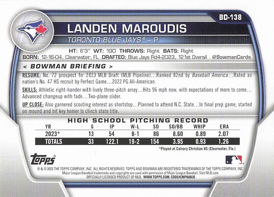 2023 Bowman Draft Baseball Landen Maroudis #BD-138