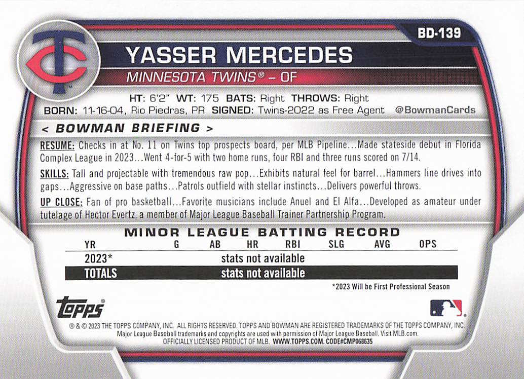 2023 Bowman Draft Baseball Yasser Mercedes #BD-139