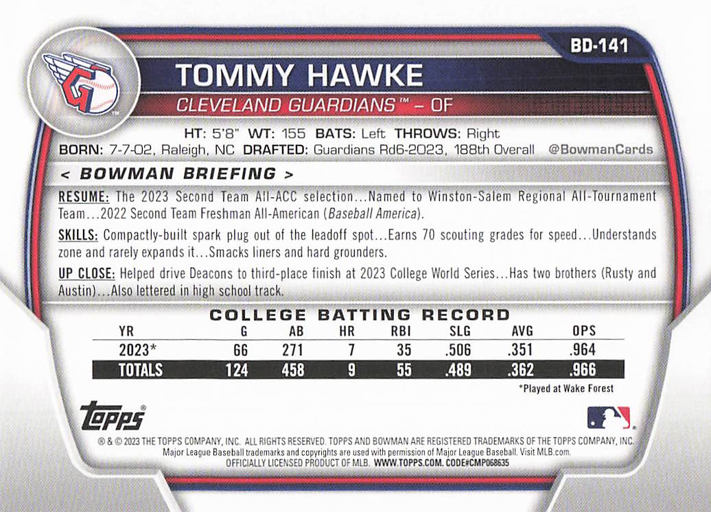 2023 Bowman Draft Baseball Tommy Hawke #BD-141