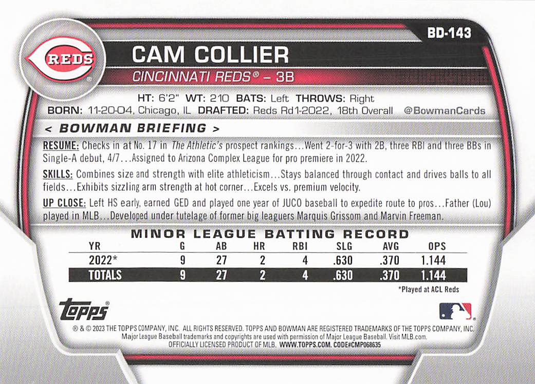 2023 Bowman Draft Baseball Cam Collier #BD-143