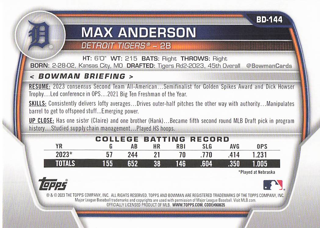 2023 Bowman Draft Baseball Max Anderson #BD-144