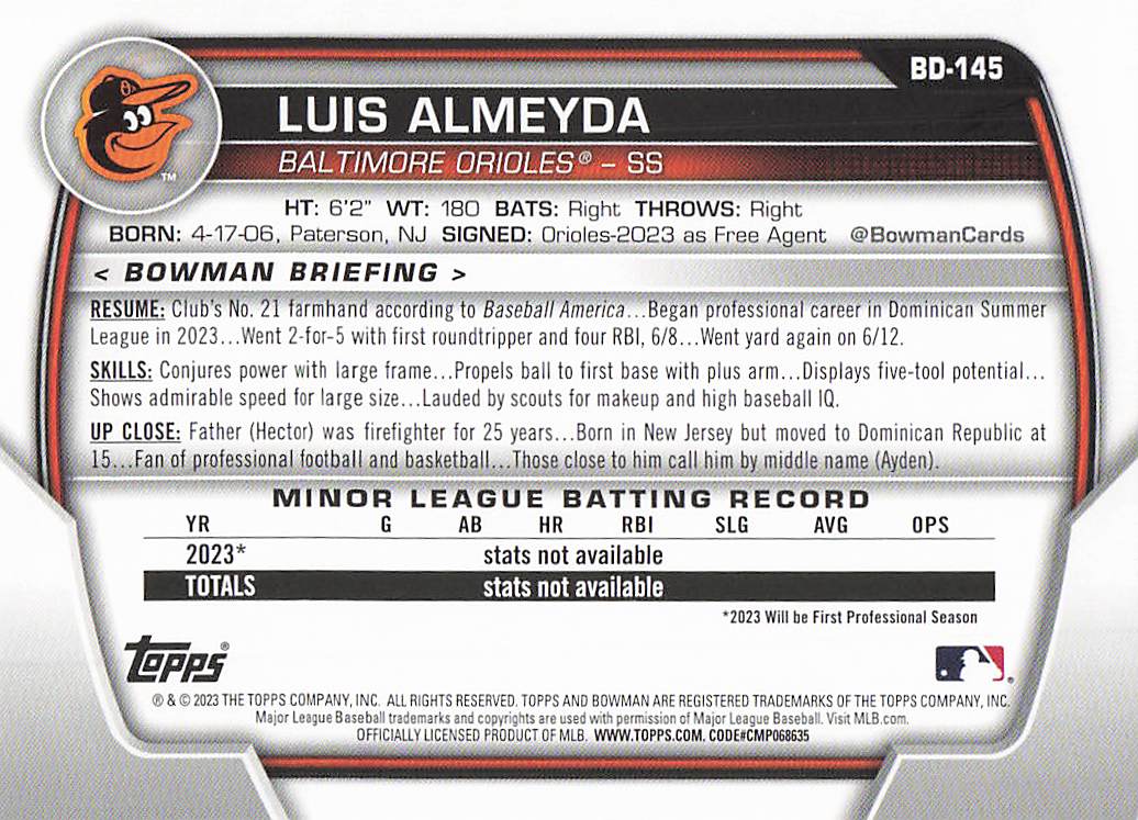 2023 Bowman Draft Baseball Luis Almeyda #BDC-145