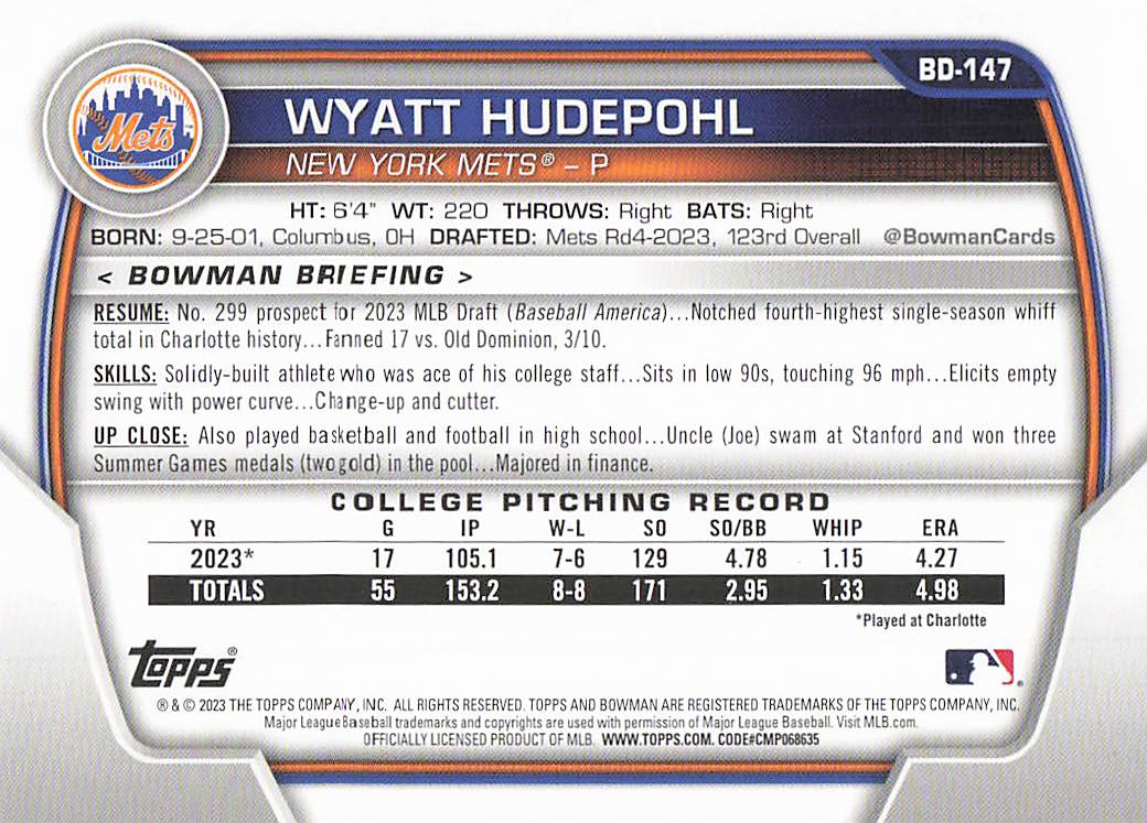 2023 Bowman Draft Baseball Wyatt Hudepohl #BD-147