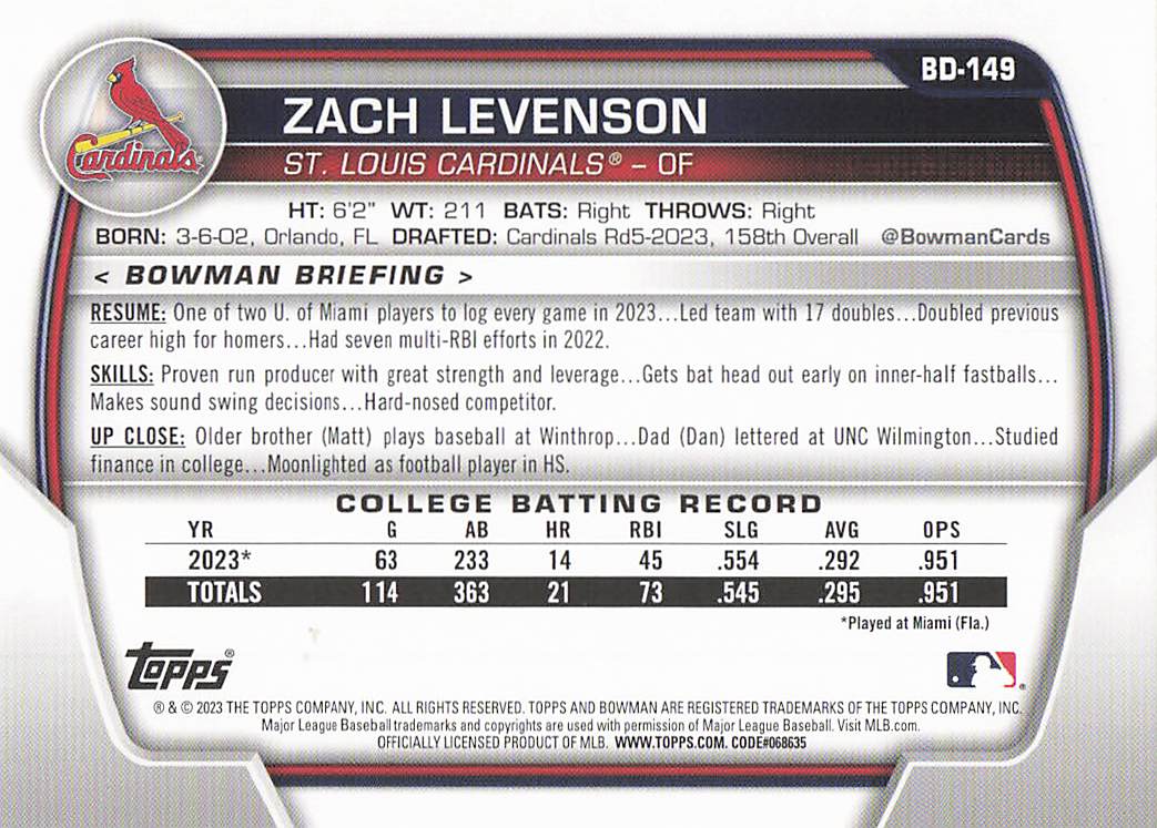 2023 Bowman Draft Baseball Zach Levenson #BD-149