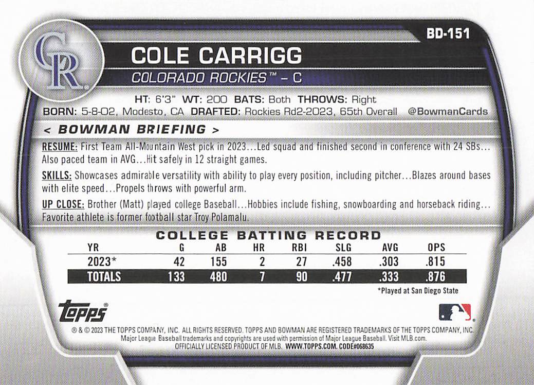 2023 Bowman Draft Baseball Cole Carrigg #BD-151
