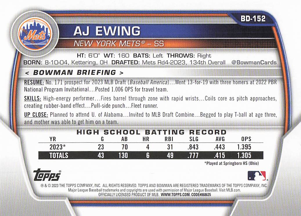 2023 Bowman Draft Baseball AJ Ewing #BDC-152
