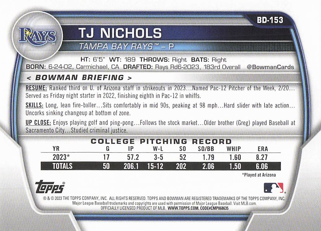 2023 Bowman Draft Baseball TJ Nichols #BDC-153