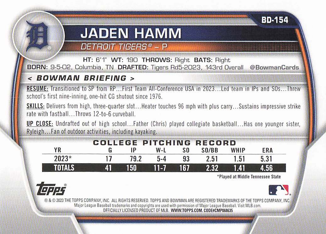 2023 Bowman Draft Baseball Jaden Hamm #BD-154