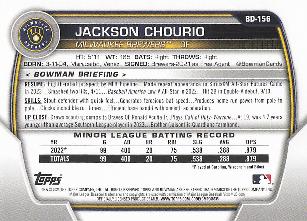 2023 Bowman Draft Baseball Jackson Chourio #BD-156
