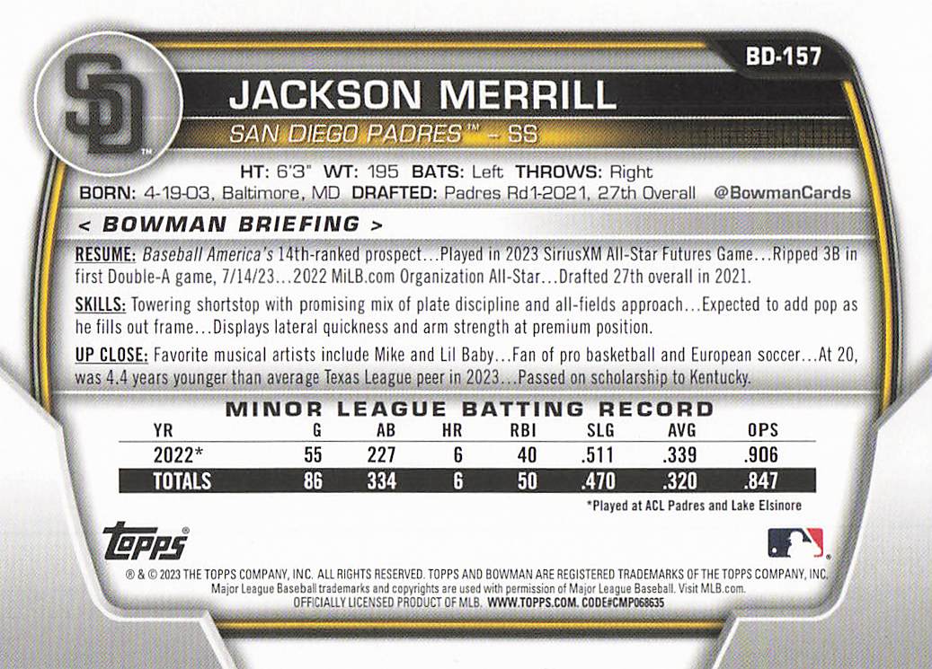 2023 Bowman Draft Baseball Jackson Merrill #BD-157