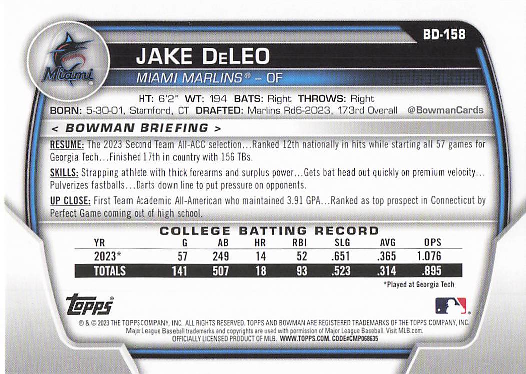 2023 Bowman Draft Baseball Jake DeLeo #BD-158