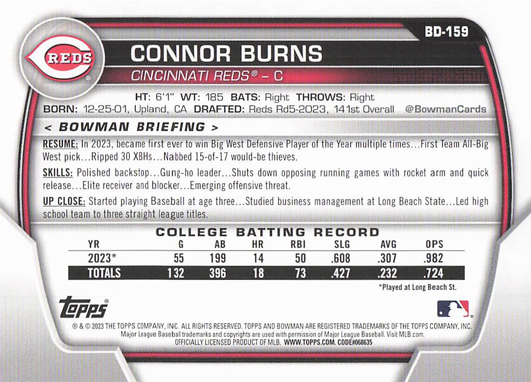 2023 Bowman Draft Baseball Connor Burns #BD-159