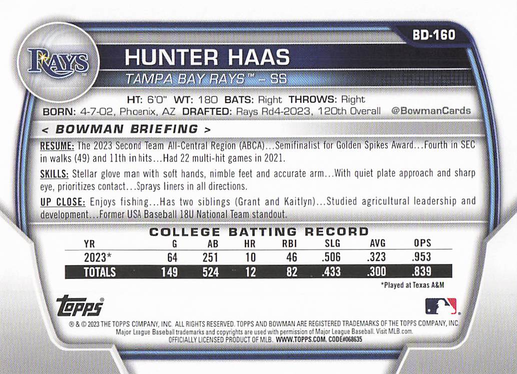 2023 Bowman Draft Baseball Hunter Haas #BD-160
