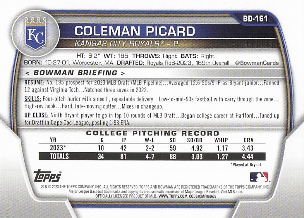 2023 Bowman Draft Baseball Coleman Picard #BD-161