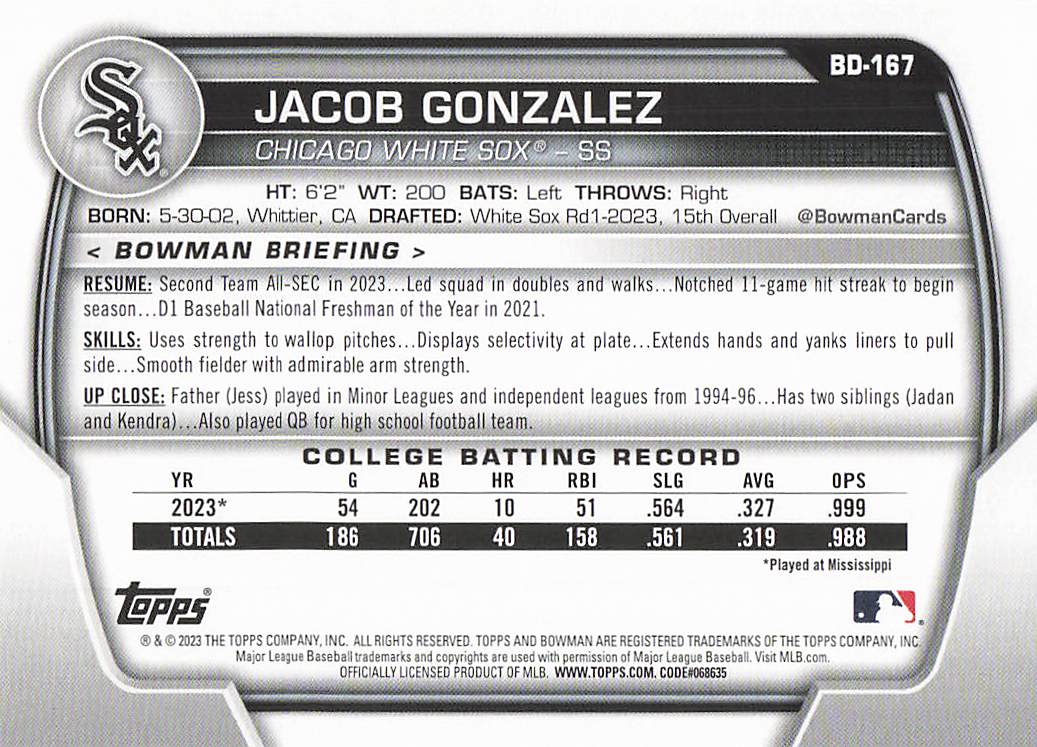 2023 Bowman Draft Baseball Jacob Gonzalez #BD-167