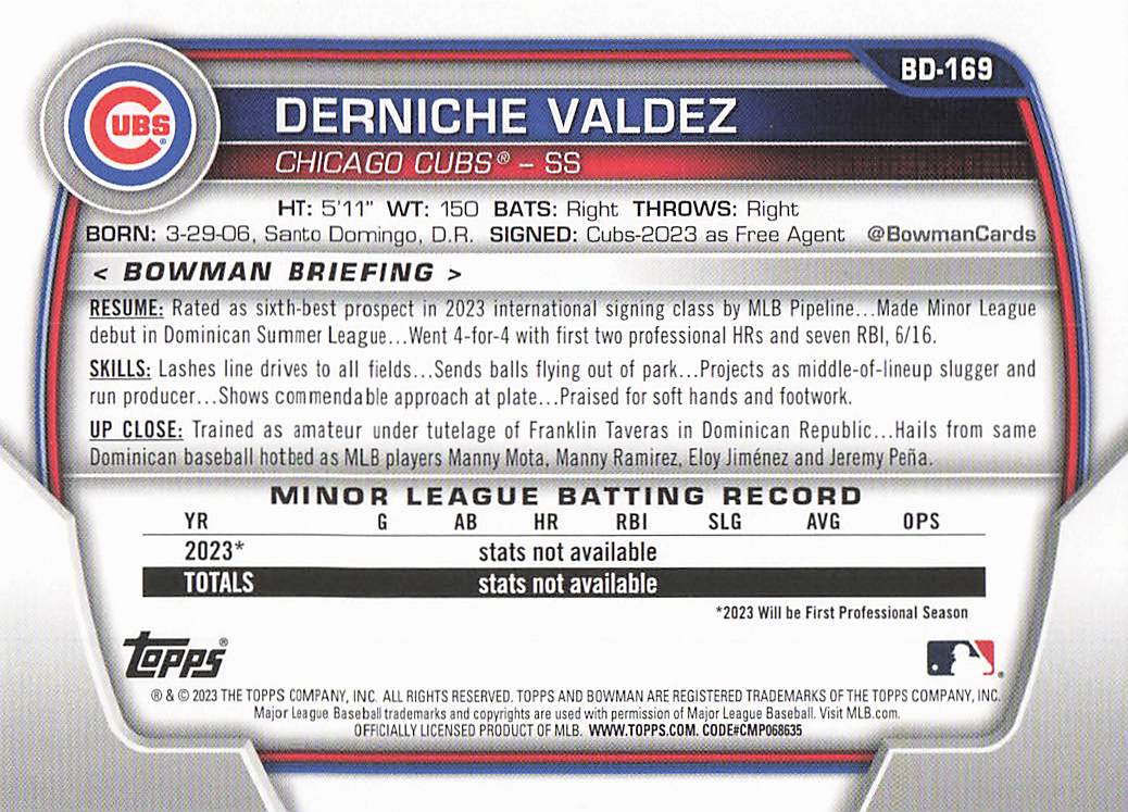 2023 Bowman Draft Baseball Derniche Valdez #BD-169