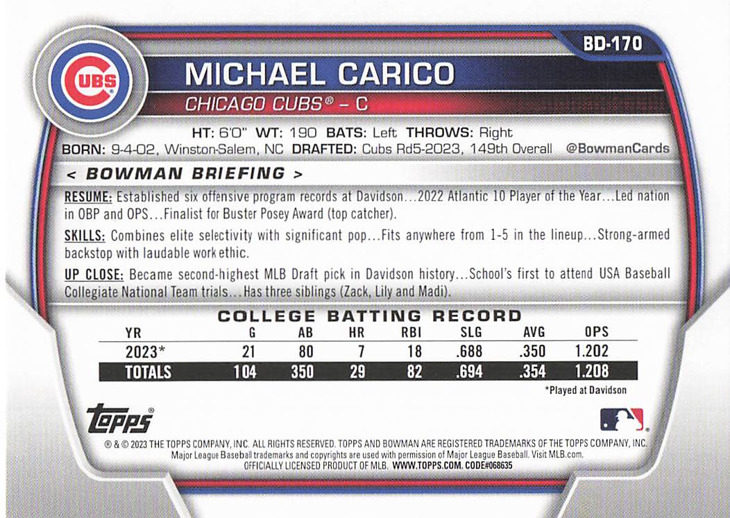 2023 Bowman Draft Baseball Michael Carico #BD-170