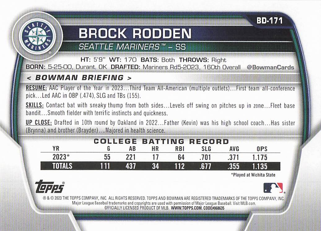 2023 Bowman Draft Baseball Brock Rodden #BD-171