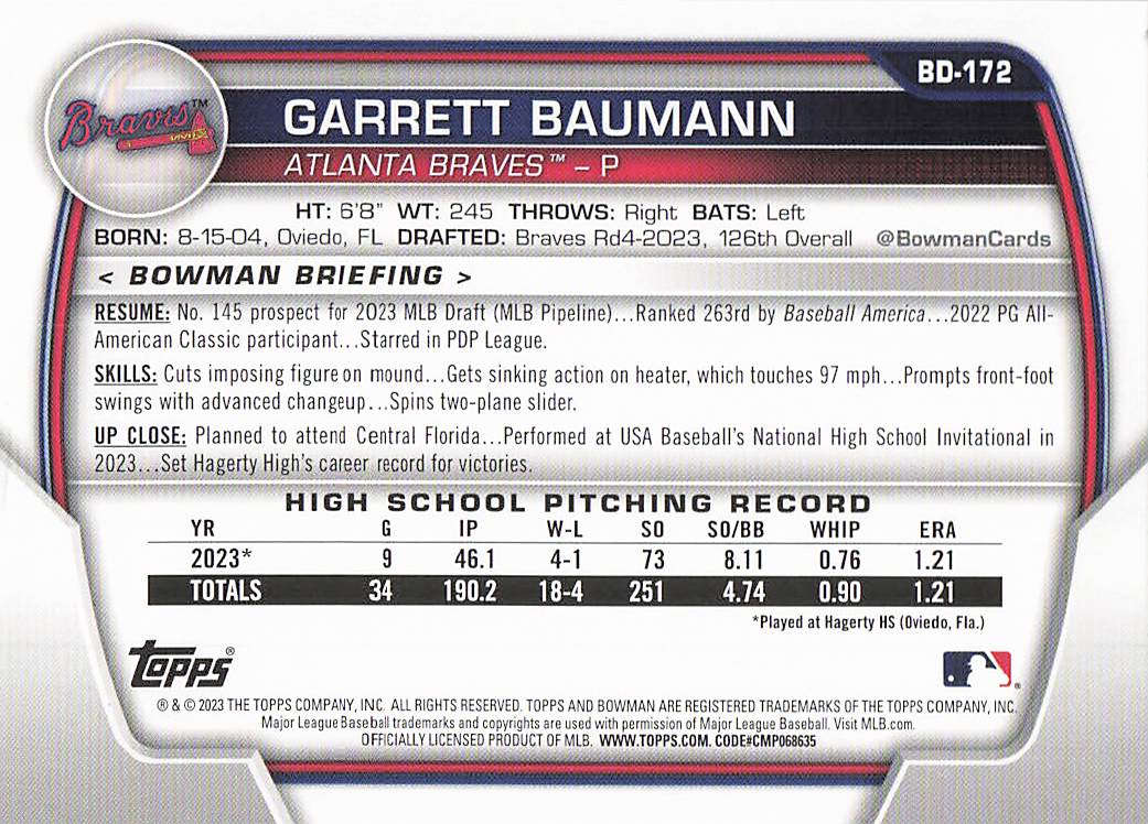 2023 Bowman Draft Baseball Garrett Baumann #BD-172