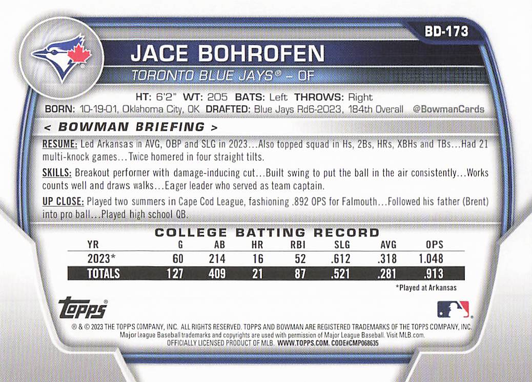 2023 Bowman Draft Baseball Jace Bohrofen #BD-173