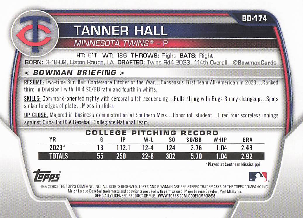 2023 Bowman Draft Baseball Tanner Hall #BD-174