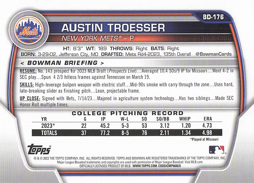 2023 Bowman Draft Baseball Austin Troesser #BD-176