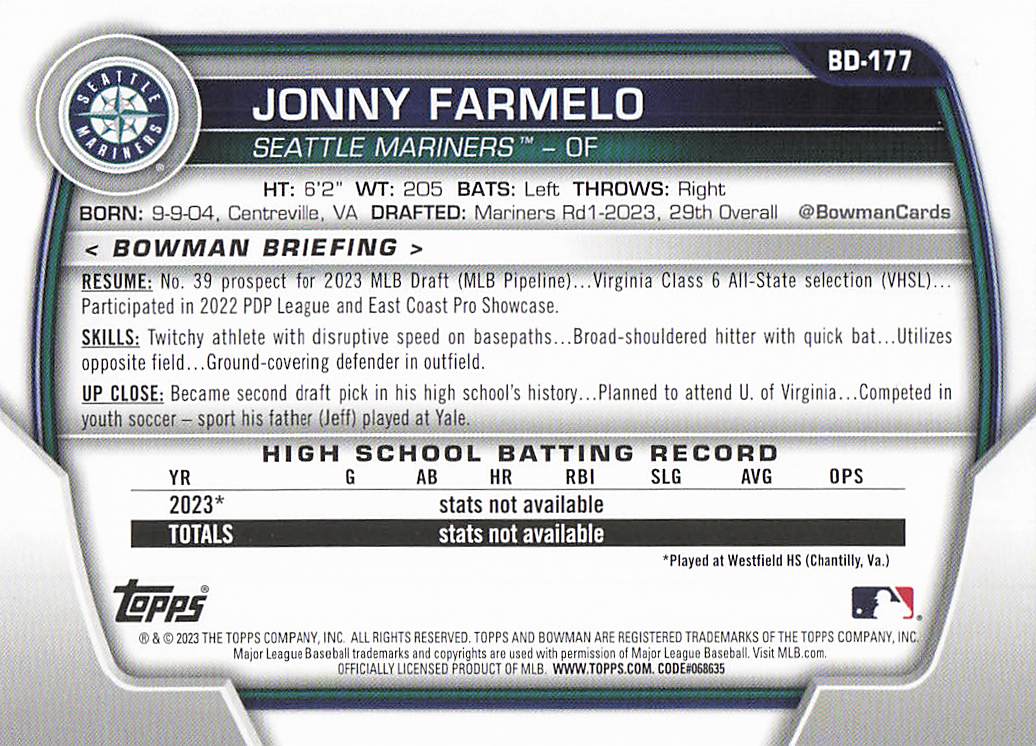 2023 Bowman Draft Baseball Jonny Farmelo #BD-177