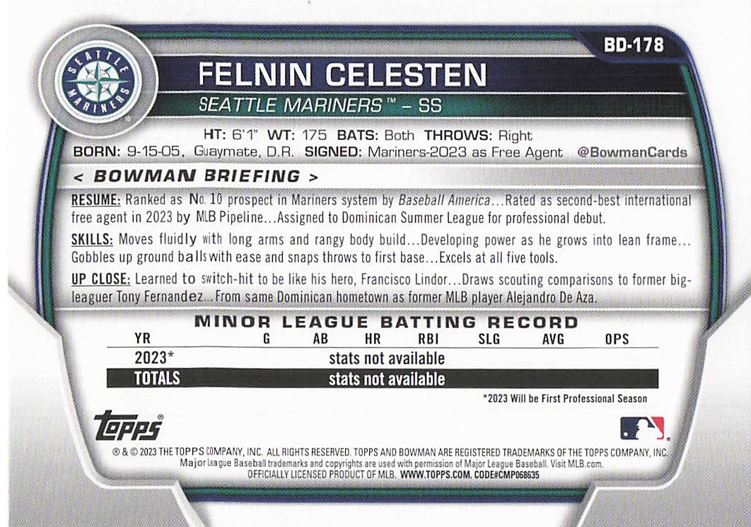 2023 Bowman Draft Baseball Felnin Celesten #BD-178