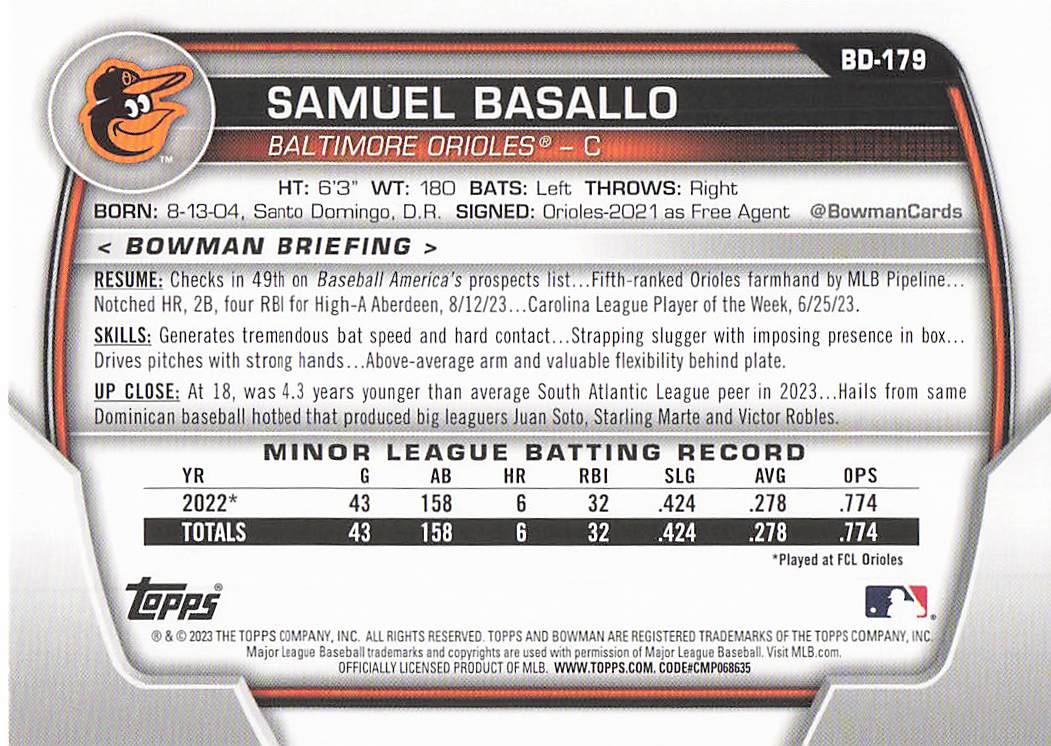 2023 Bowman Draft Baseball Samuel Basallo #BD-179