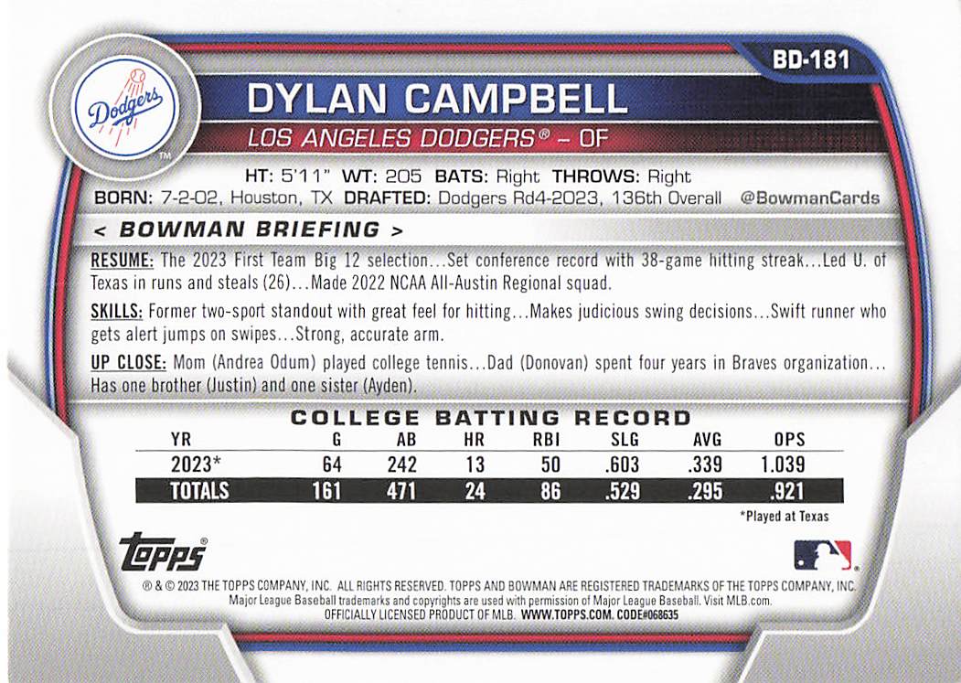 2023 Bowman Draft Baseball Dylan Campbell #BD-181