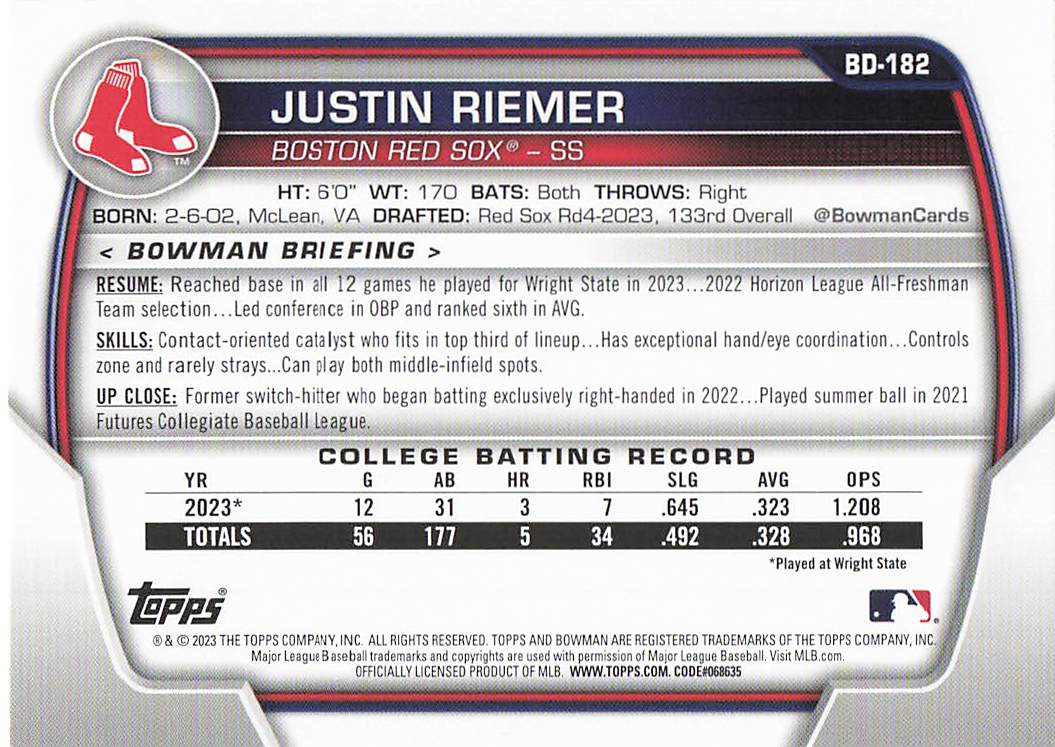 2023 Bowman Draft Baseball Justin Riemer #BD-182