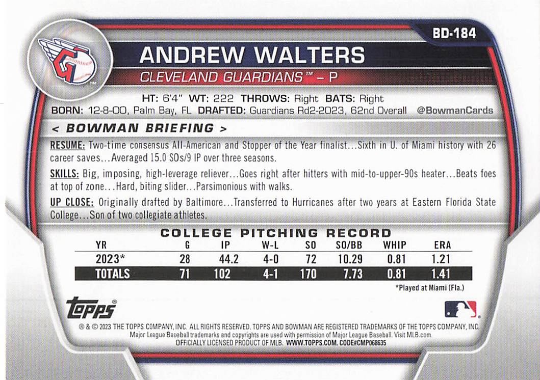 2023 Bowman Draft Baseball Andrew Walters #BD-184