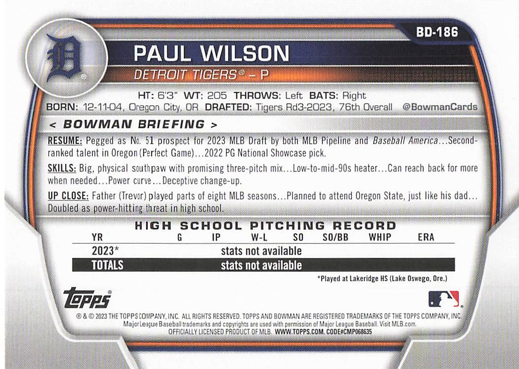2023 Bowman Draft Baseball Paul Wilson #BD-186
