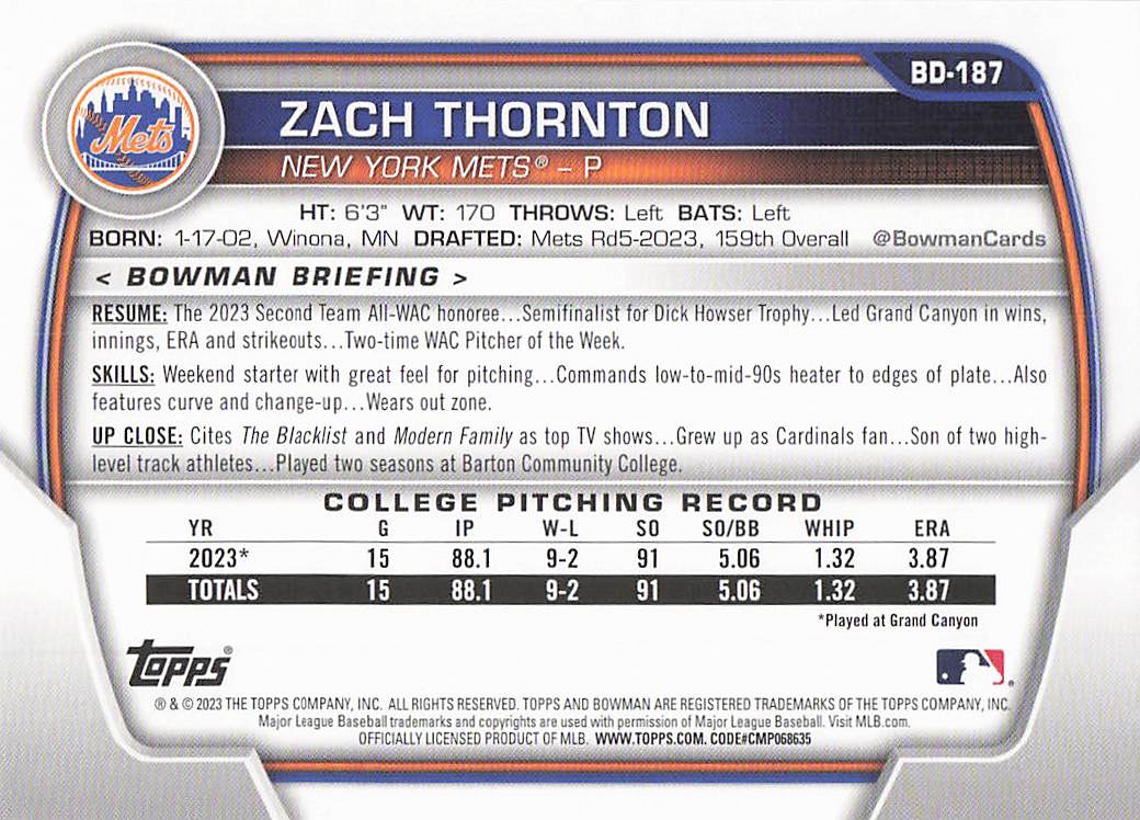 2023 Bowman Draft Baseball Zach Thornton #BD-187