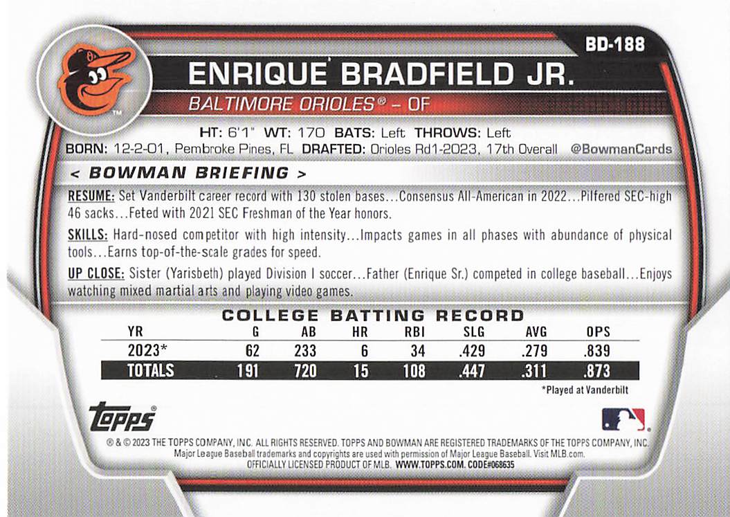 2023 Bowman Draft Baseball Enrique Bradfield Jr. #BDC-188