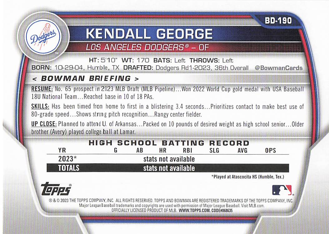 2023 Bowman Draft Baseball Kendall George #BDC-190
