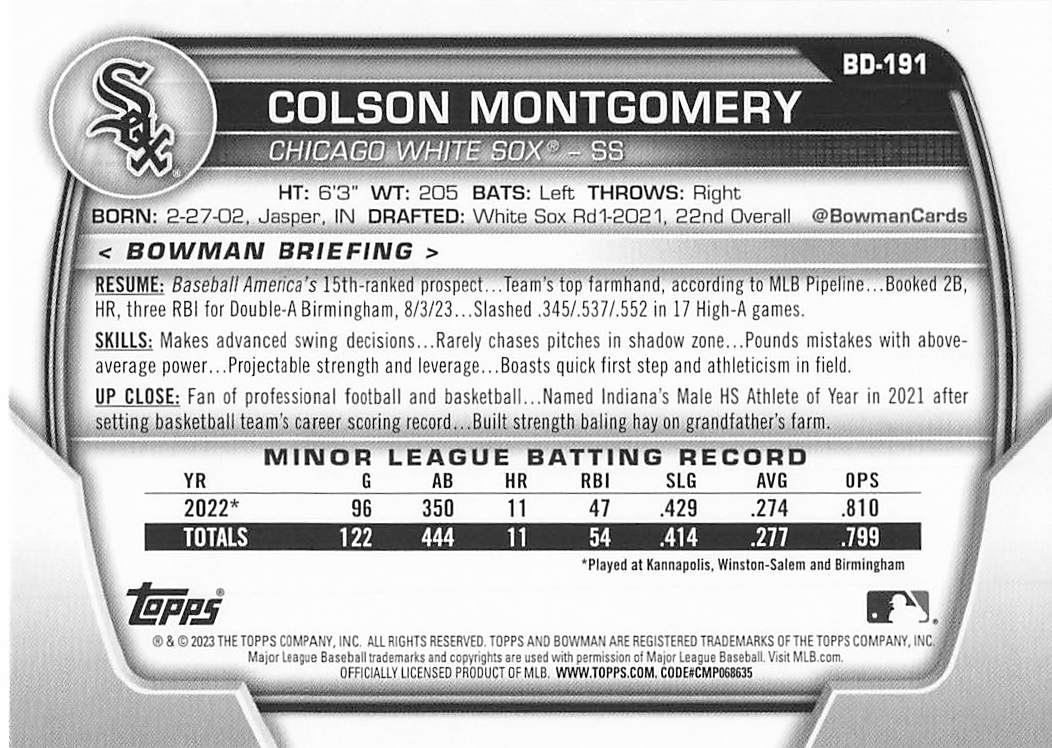 2023 Bowman Draft Baseball Colson Montgomery #BD-191