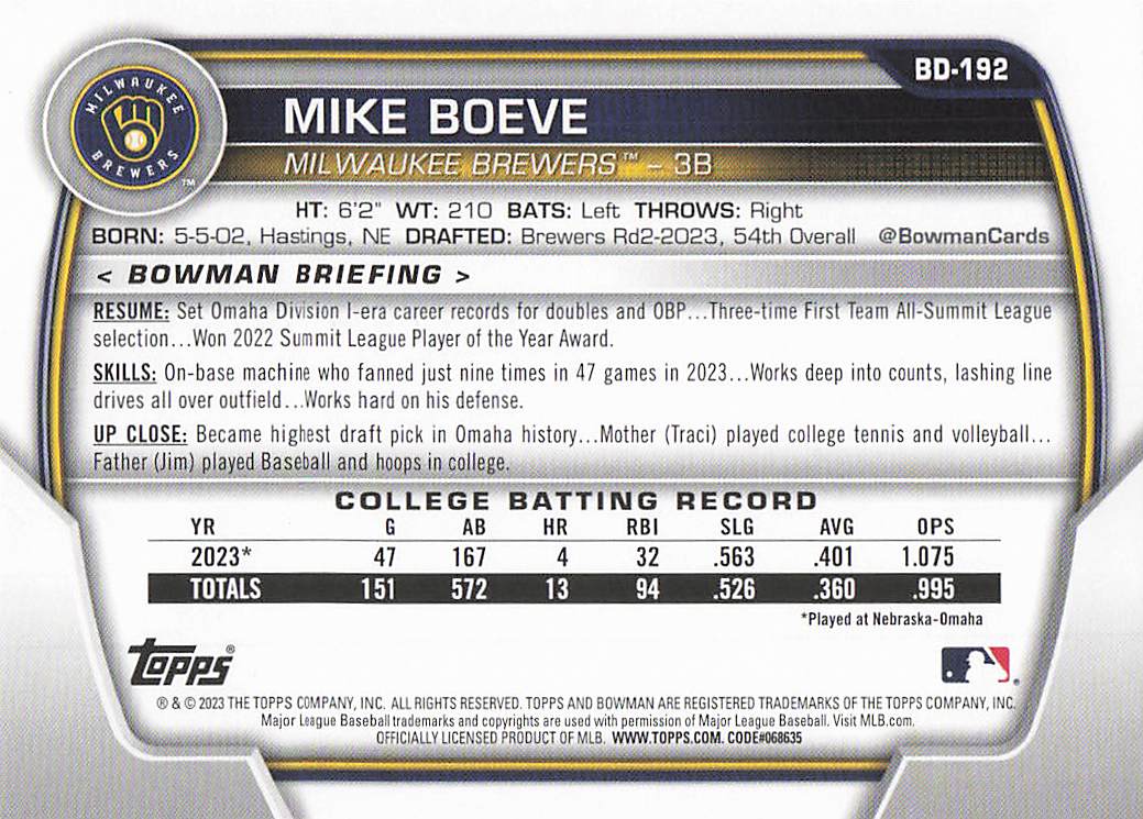 2023 Bowman Draft Baseball Mike Boeve #BD-192