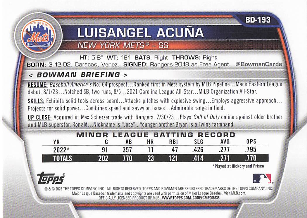2023 Bowman Draft Baseball Luisangel Acuña #BD-193