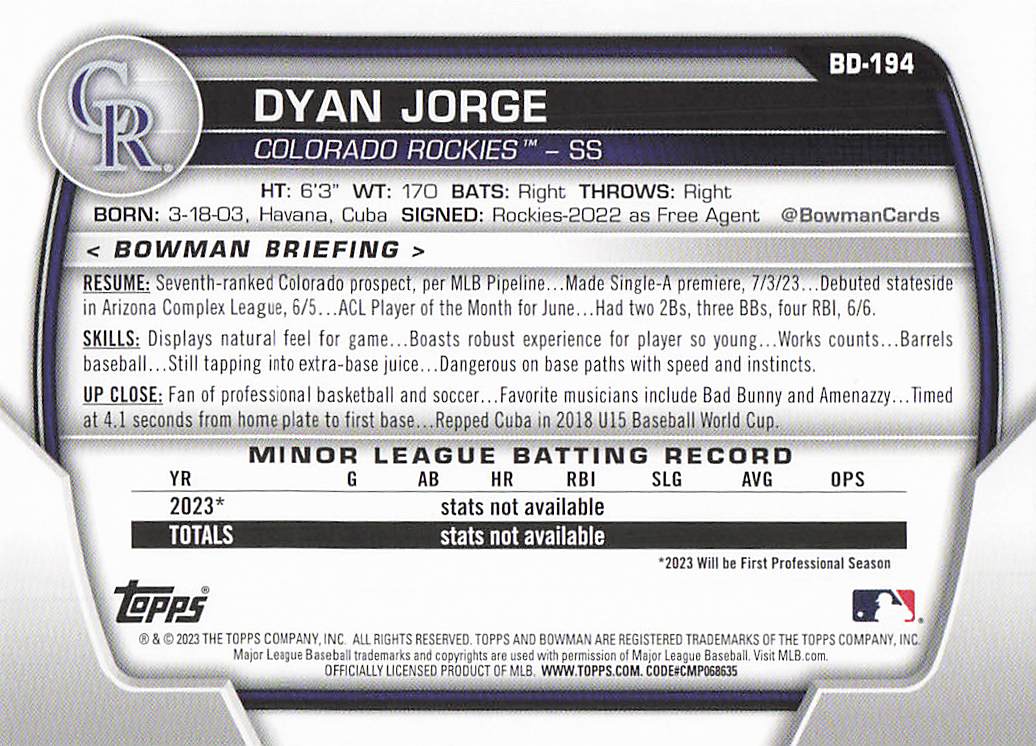 2023 Bowman Draft Baseball Dyan Jorge #BD-194