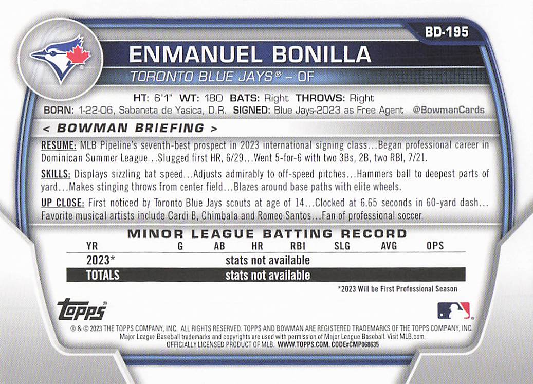 2023 Bowman Draft Baseball Enmanuel Bonilla #BD-195