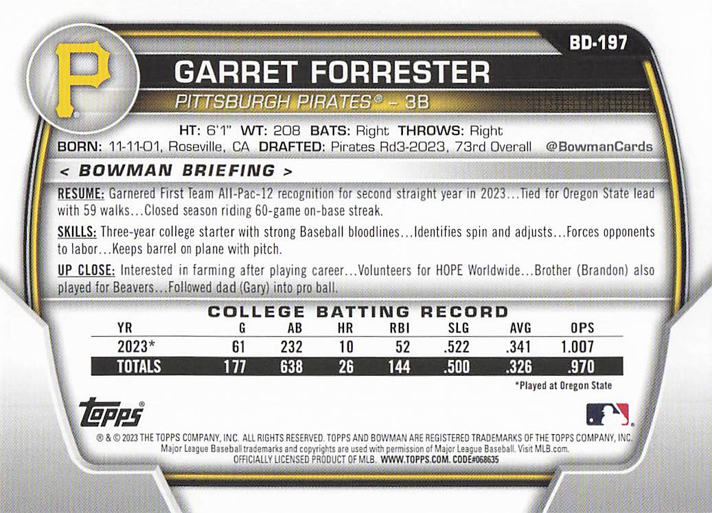 2023 Bowman Draft Baseball Garret Forrester #BD-197
