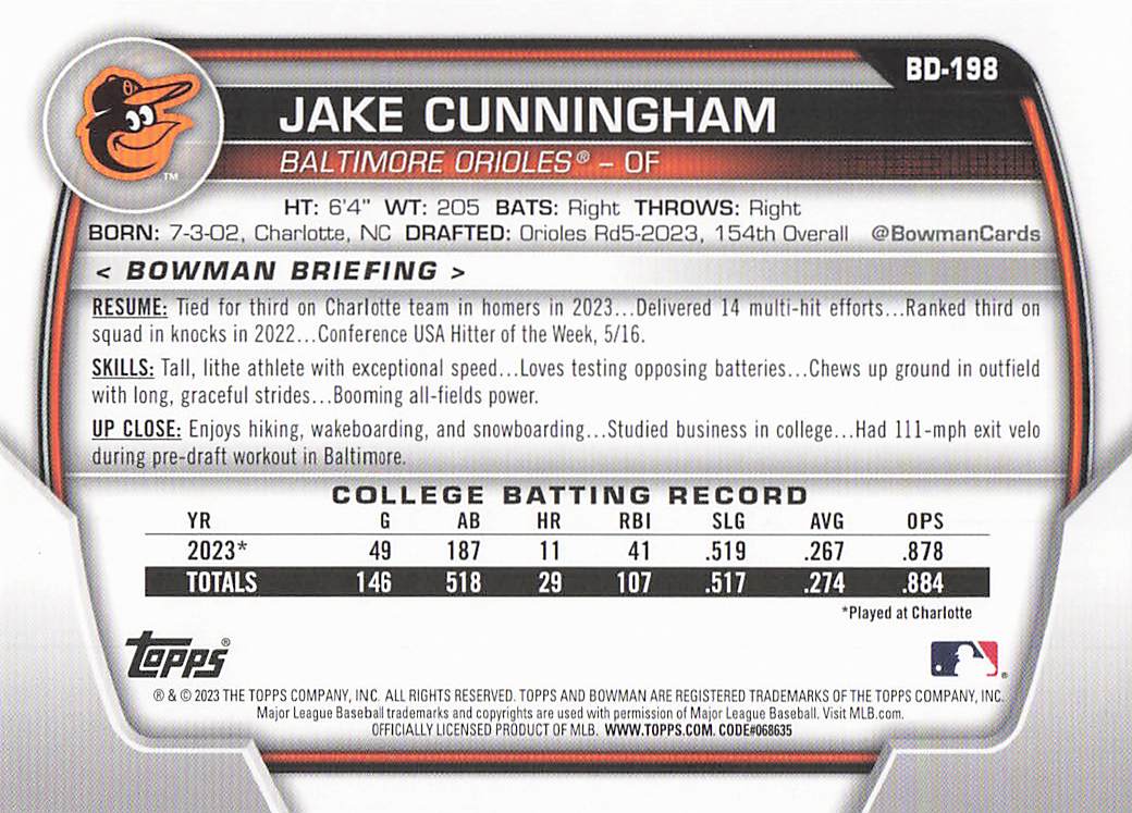 2023 Bowman Draft Baseball Jake Cunningham #BDC-198