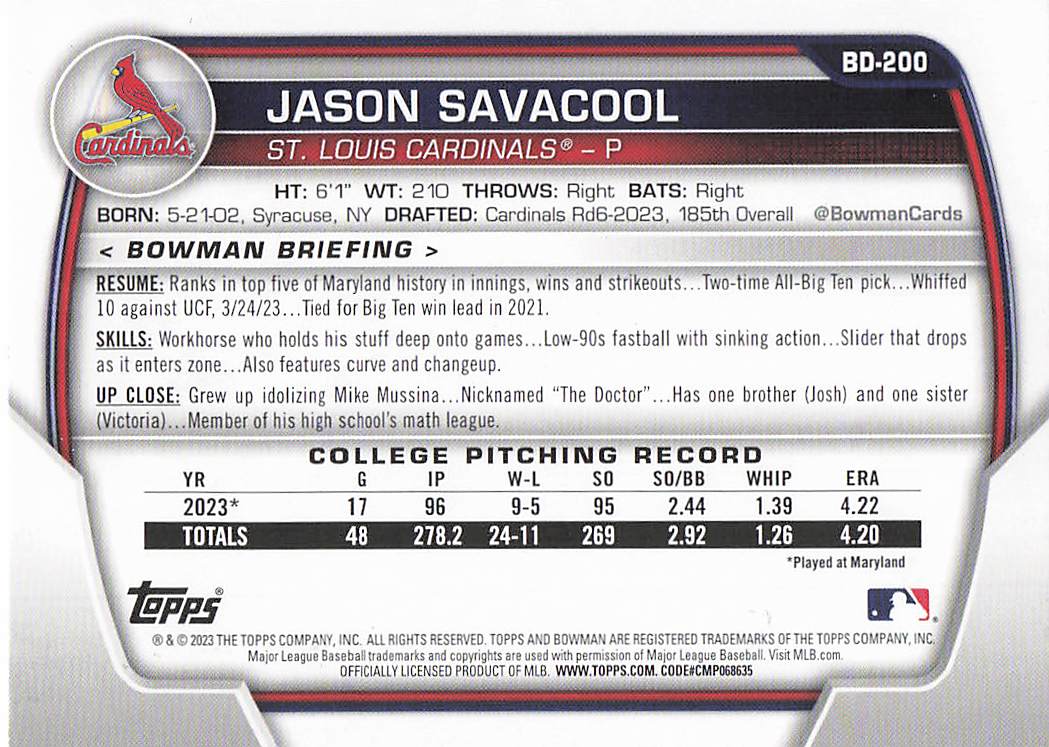 2023 Bowman Draft Baseball Jason Savacool #BD-200